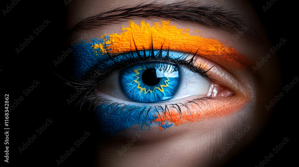 A striking close-up of an eye adorned with vibrant blue and orange face paint, showcasing intense emotion and creativity. A striking close-up of an eye adorned with vibrant blue and orange face paint, showcasing intense emotion and creativity.