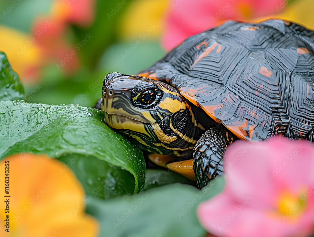 Obraz premium A vibrant tortoise resting on lush green leaves surrounded by colorful flowers, showcasing nature's beauty.