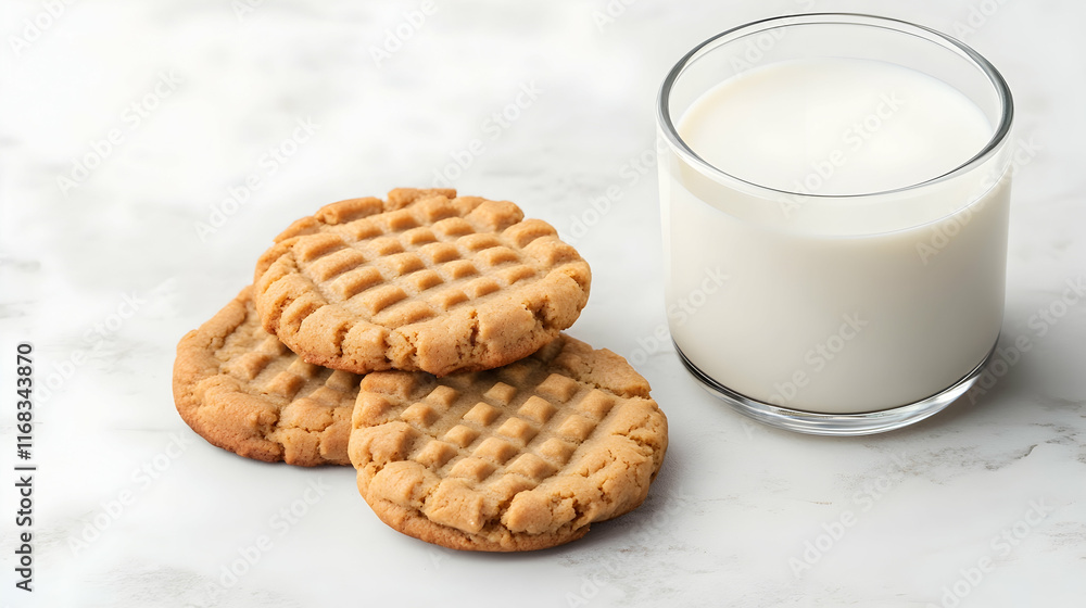 Delicious peanut butter cookies with milk on marble background; perfect for food blogs or recipe websites. Delicious peanut butter cookies with milk on marble background; perfect for food blogs or recipe websites.
