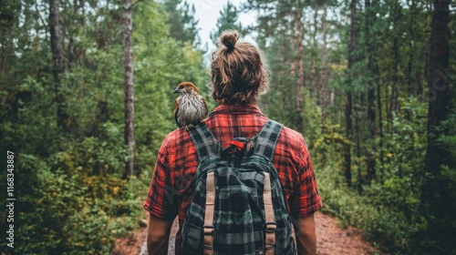 Wallpaper Mural A person with a backpack and a bird on their shoulder walking through a forest path. Torontodigital.ca