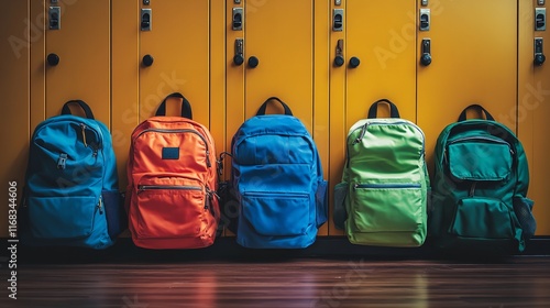 Minimalist School Backpacks Lined Up Against a Row of Lockers

 photo