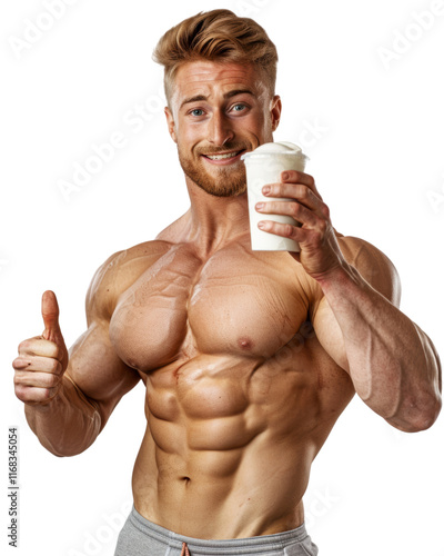 Muscular man thumbs up with protein drink isolated on transparent background