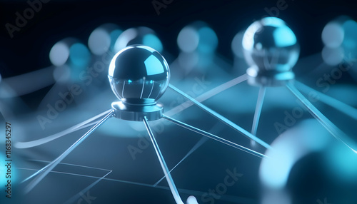Abstract futuristic concept showing interconnected spheres representing data flow and network communication.