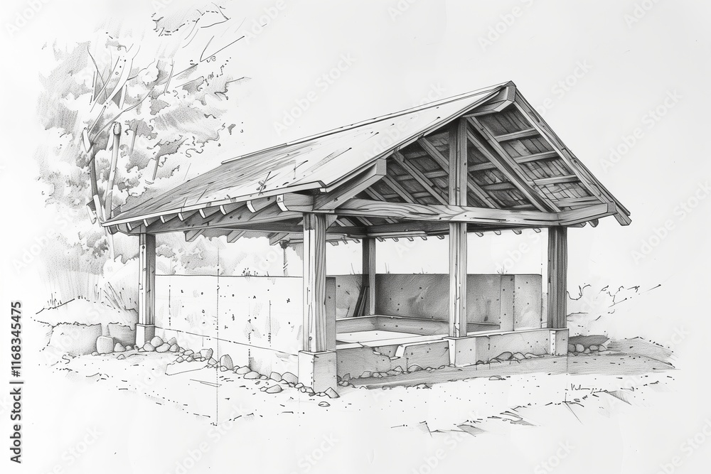An artistic sketch of a rustic, open-roof shelter surrounded by nature, capturing architectural design and tranquility. An artistic sketch of a rustic, open-roof shelter surrounded by nature, capturing architectural design and tranquility.