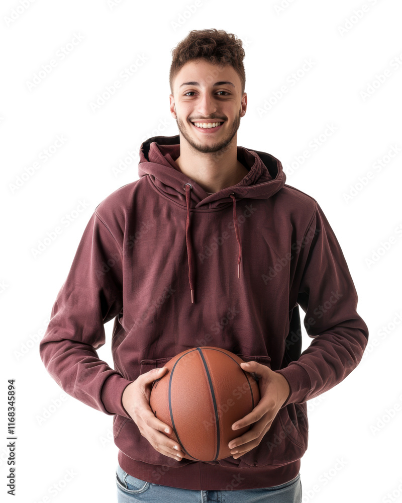 Young man in a brown hoodie holding a basketball isolated on transparent background Young man in a brown hoodie holding a basketball isolated on transparent background