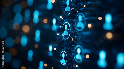 Abstract technology image showcasing network connections with blue user icons and glowing data on a dark background.