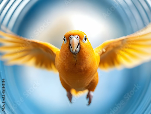 A vibrant yellow canary in mid-flight, showcasing its striking feathers against a blurred background. photo