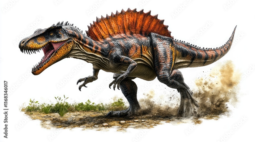 Illustration of a Spinosaurus, showcasing its distinctive features and dynamic pose. Illustration of a Spinosaurus, showcasing its distinctive features and dynamic pose.