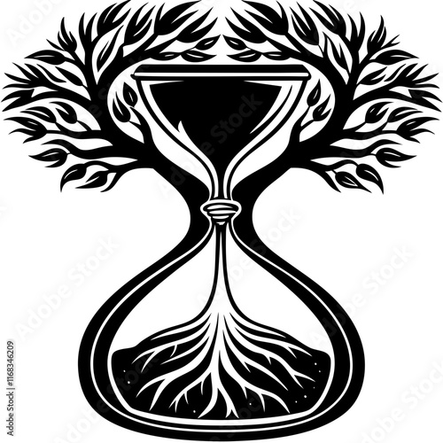 Symbolic Hourglass with Tree of Life and Roots - Timeless Vector Illustration

