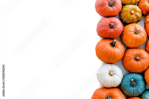 Colorful pumpkins arranged on white background. photo