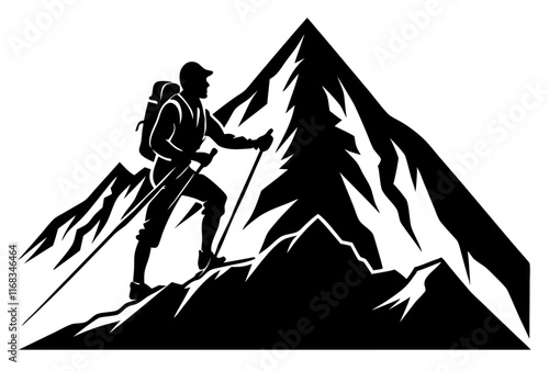 Hiker with Backpack Trekking in the Mountains - Adventure Vector Illustration

