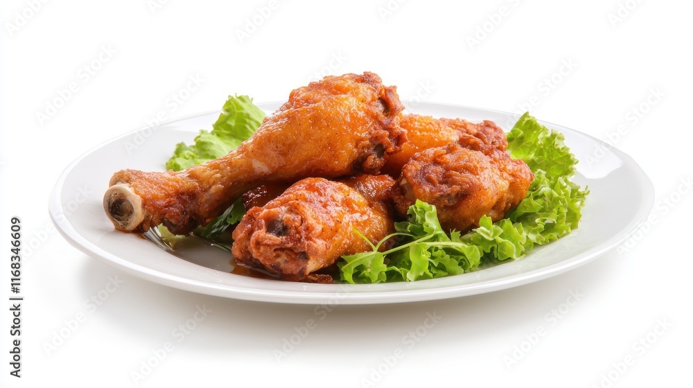 Plate of spicy chicken drumsticks on a bed of lettuce. Plate of spicy chicken drumsticks on a bed of lettuce.