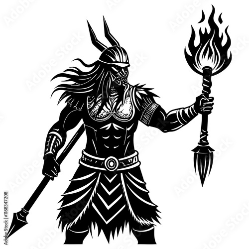 Warrior Demon with Flaming Torches - Tribal Mythological Vector Illustration

