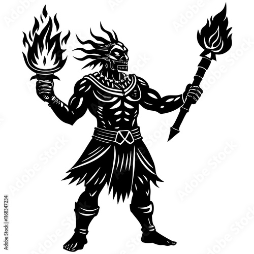 Warrior Demon with Flaming Torches - Tribal Mythological Vector Illustration

 photo