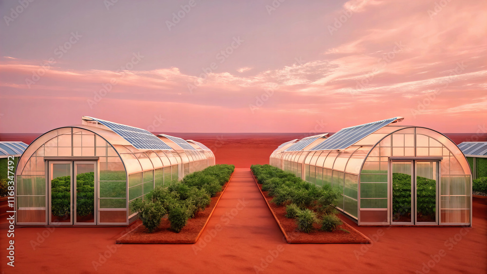 Futuristic habitat on Mars featuring greenhouses with solar panels, showcasing advanced agricultural technology in red landscape. vision of sustainable living on another planet Futuristic habitat on Mars featuring greenhouses with solar panels, showcasing advanced agricultural technology in red landscape. vision of sustainable living on another planet