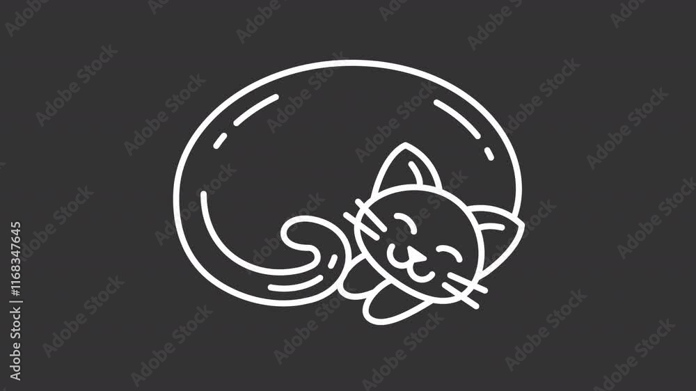 Animated peacefully sleeping cat white icon. Hygge related line animation. Cute domestic animal. Lovely pet. Isolated illustration on dark background. Transition alpha video. Motion graphic Animated peacefully sleeping cat white icon. Hygge related line animation. Cute domestic animal. Lovely pet. Isolated illustration on dark background. Transition alpha video. Motion graphic
