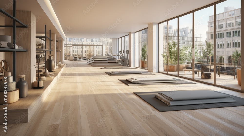 Fototapeta premium Modern yoga room with pilates mats, large window, and serene atmosphere for relaxation and exercise