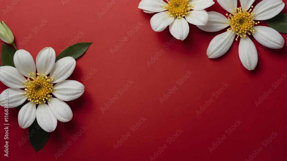 Obraz premium White dahlia daisies flowers and blank card on red background. Flat lay, top view.