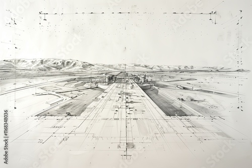 Detailed architectural sketch showcasing a vast airport layout. Perfect for presentations and design concepts.