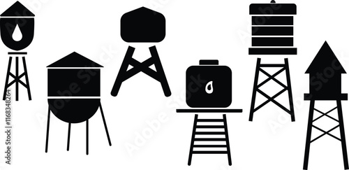 Black silhouette set of metal water tower with oval water tank countryside water reservoir infrastructure vector illustration isolated on white background,