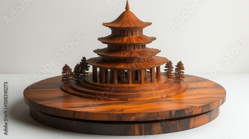 Intricate wooden model of a three-tiered pagoda on a circular base, surrounded by miniature trees. photo