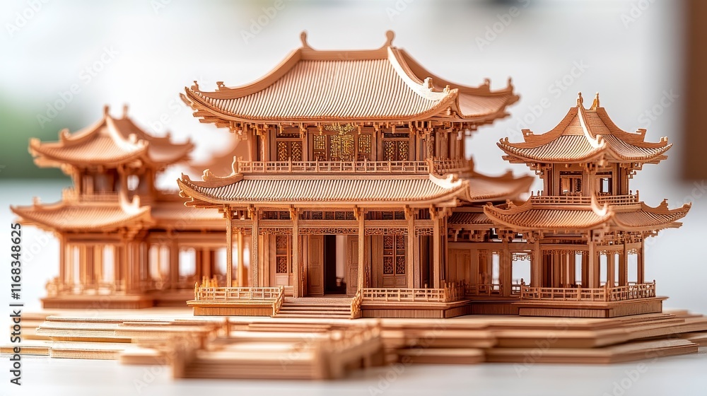 Fototapeta premium Intricate wooden model of a traditional Asian temple.