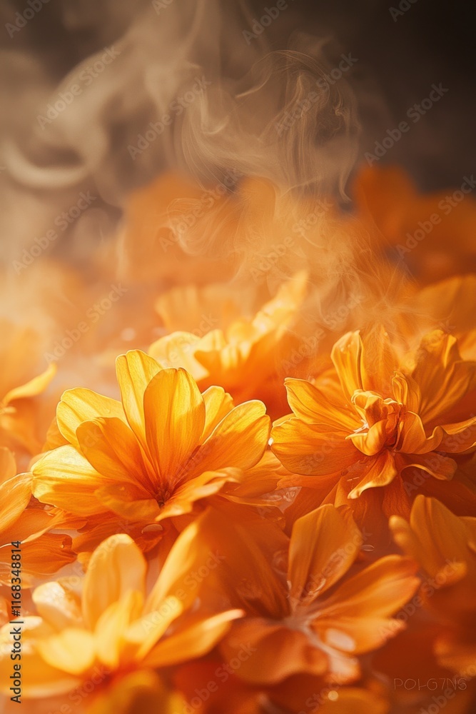 Fototapeta premium Close-up of vibrant orange flowers surrounded by soft mist at a serene garden in early morning light