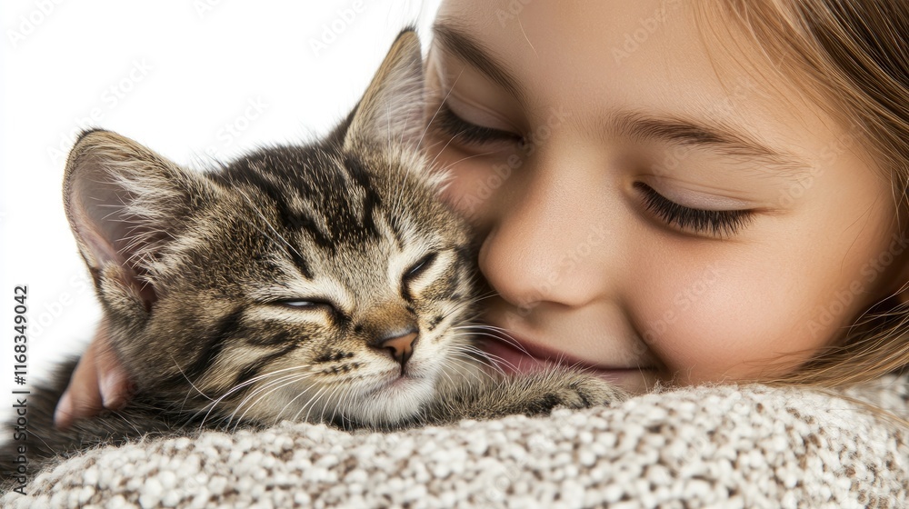 A girl lovingly embraces a sleeping kitten, showcasing a warm and tender moment. A girl lovingly embraces a sleeping kitten, showcasing a warm and tender moment.