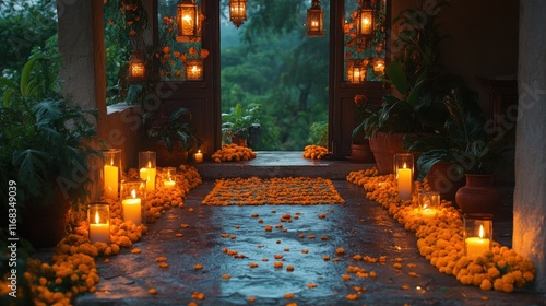 Festive porch decorated with marigold garlands glowing candles and welcoming lights for a joyful celebration photo