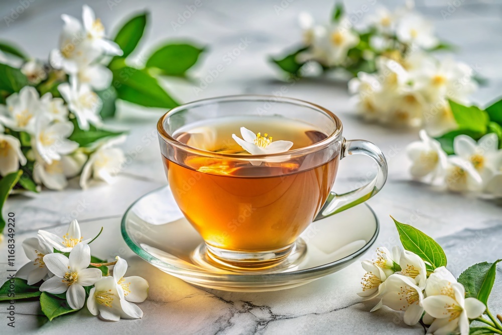 Aromatic Jasmine Tea: White Marble Still Life with Blossoms Aromatic Jasmine Tea: White Marble Still Life with Blossoms
