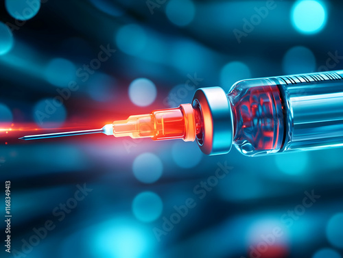 Close-up of a modern syringe filled with red liquid, showcasing medical technology and innovation in healthcare. photo