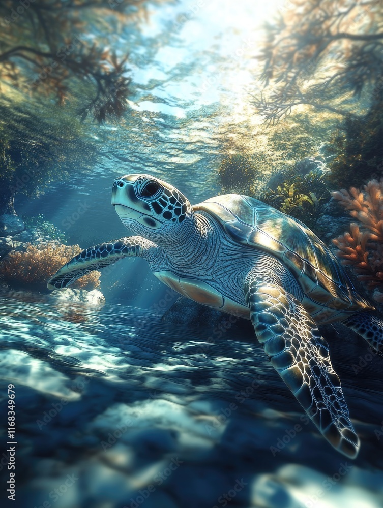 Fototapeta premium A serene underwater scene featuring a turtle swimming among coral and sunlight.
