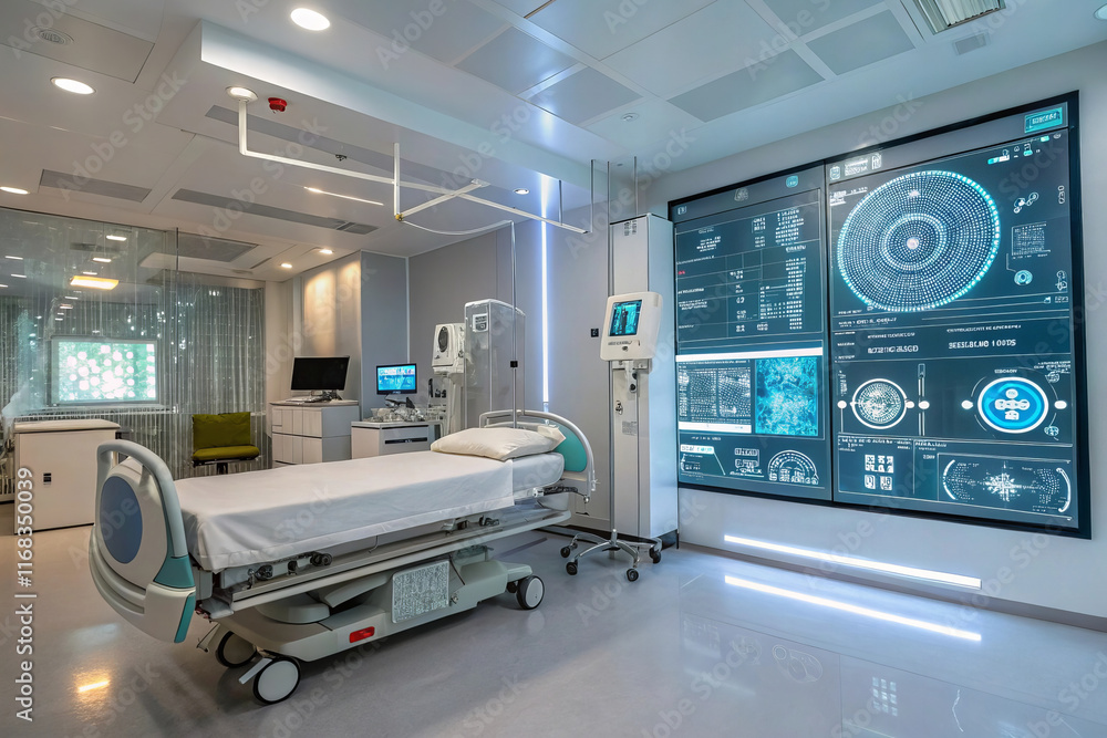 futuristic hospital room equipped with advanced medical technology, featuring high tech bed, digital monitors, and clean, modern design. atmosphere is calm and innovative futuristic hospital room equipped with advanced medical technology, featuring high tech bed, digital monitors, and clean, modern design. atmosphere is calm and innovative