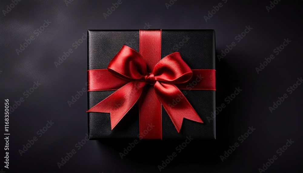 A black gift box adorned with a red ribbon against a black background features a red bow atop it A black gift box adorned with a red ribbon against a black background features a red bow atop it