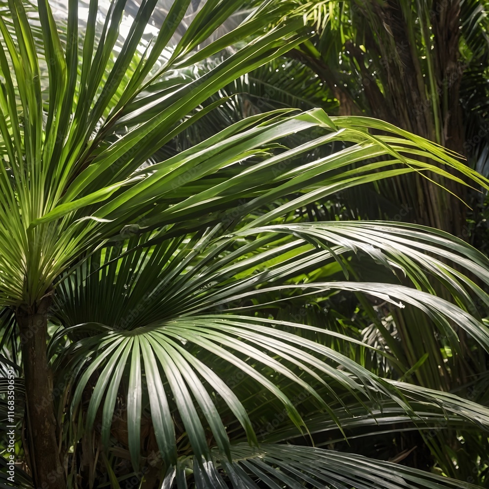 Trachycarpus Fortunei Palm Leaves in Close-Up with Soft Sunlight Filtering Through Trachycarpus Fortunei Palm Leaves in Close-Up with Soft Sunlight Filtering Through