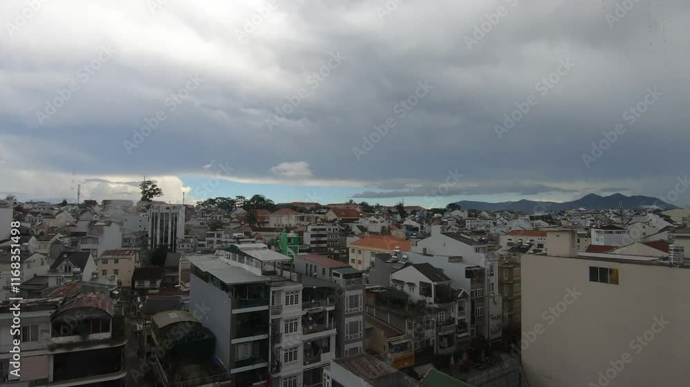 Clouds over an Asian city, timelapse with a view from the window to the sky