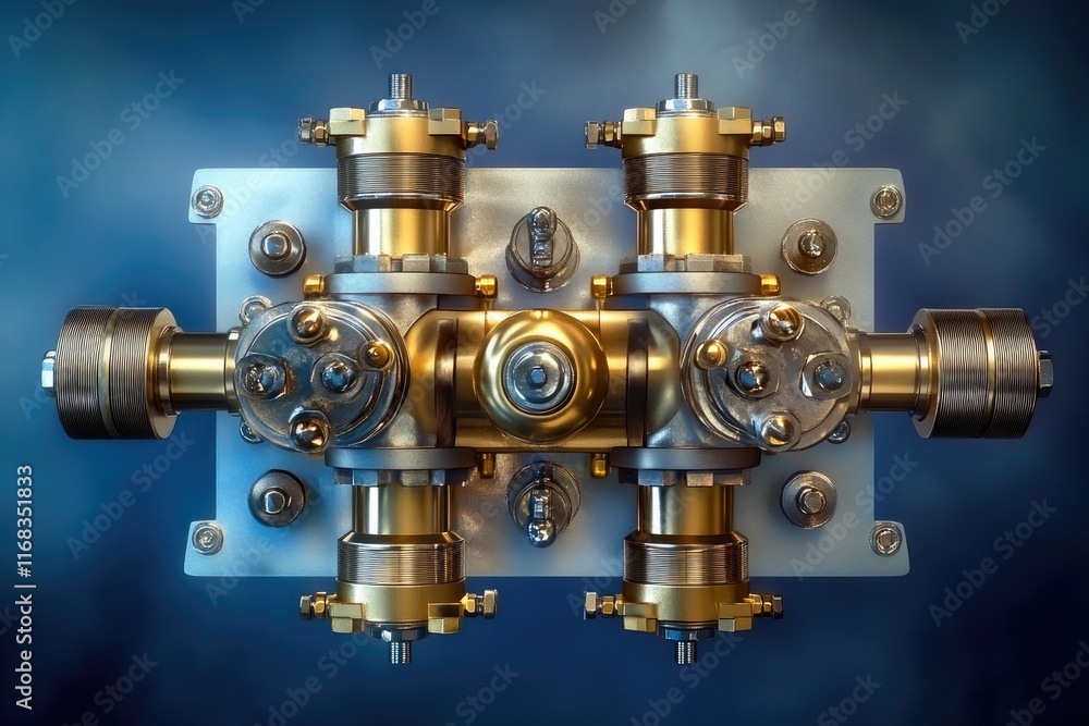 Complex metallic industrial machinery with gold and silver components, intricate design. Complex metallic industrial machinery with gold and silver components, intricate design.