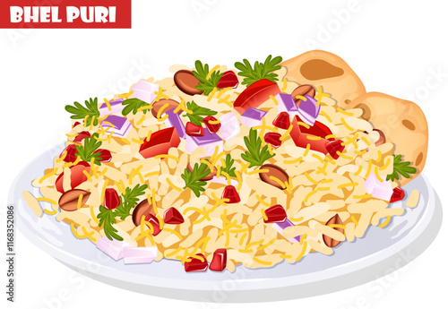 Bhel Puri Chaat Plate. Puffed Rice, Papdi, Sev, Roasted Peanuts, Tomatoes, Onions, Pomegranate Arils and Cilantro. Famous Indian Bombay Street Food Art