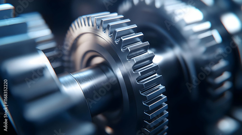 Close-up of metallic gears showcasing intricate details, perfect for illustrating machinery and engineering themes. photo