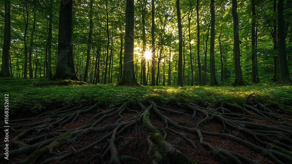 Fototapeta premium Majestic Sunlit Forest Canopy with Lush Intertwined Roots and Vibrant Foliage