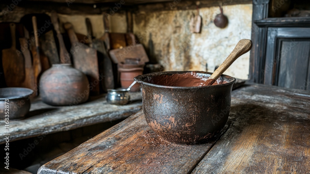 Rustic Kitchen Scene with Melted Chocolate Pot Rustic Kitchen Scene with Melted Chocolate Pot
