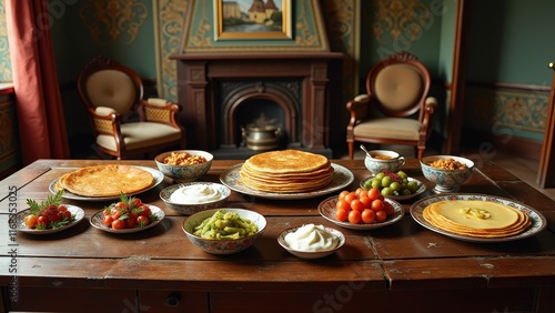 Festive table setting, Russian living room with wooden table Gzhel ceramic dishes layered pancakes sour cream cheese pickled vegetables photorealistic. photo