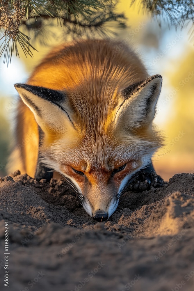 Fototapeta premium A red fox with its head lowered, sniffing the ground in a natural setting.