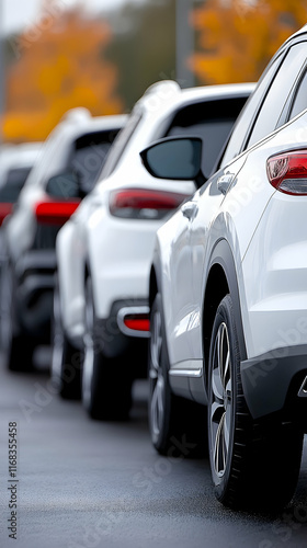 Autumn Traffic Jam Cars lined up on city street, blurred autumn leaves background, transportation imagery.