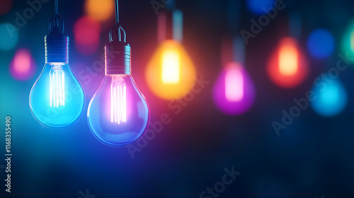 Colorful light bulbs hanging, creating an ambient atmosphere suitable for modern decor and design.