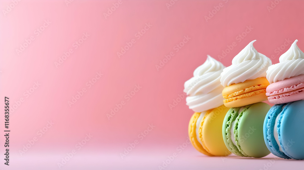 Colorful macarons topped with whipped cream on a soft pink background, perfect for sweet dessert lovers. Colorful macarons topped with whipped cream on a soft pink background, perfect for sweet dessert lovers.