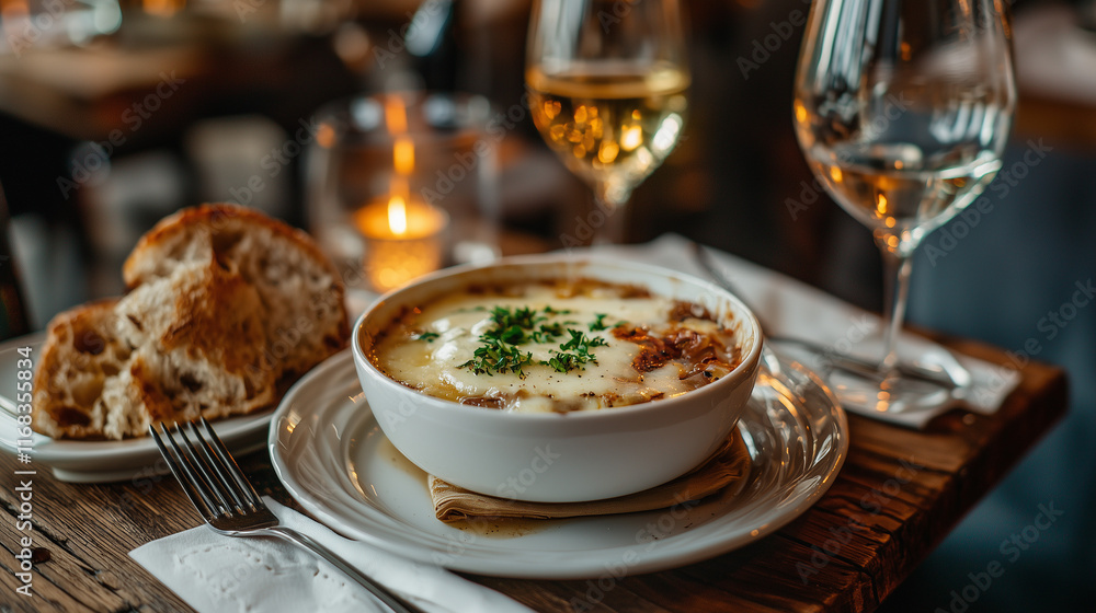 A Plate of Classic French Onion Soup, Topped with Melted Cheese and a Slice of Crusty Bread, Served in a Cozy Bistro Setting A Plate of Classic French Onion Soup, Topped with Melted Cheese and a Slice of Crusty Bread, Served in a Cozy Bistro Setting