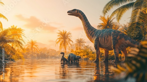 Fototapeta Naklejka Na Ścianę i Meble -  A serene prehistoric scene featuring dinosaurs near a tranquil water body surrounded by palms.