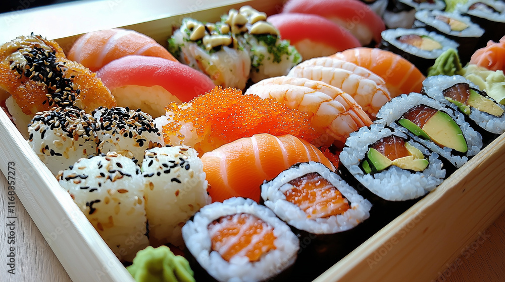 A Beautifully Arranged Bento Box Filled with Sushi, Tempura, and Other Japanese Delicacies, Showcasing the Artistry of Japanese Cuisine A Beautifully Arranged Bento Box Filled with Sushi, Tempura, and Other Japanese Delicacies, Showcasing the Artistry of Japanese Cuisine