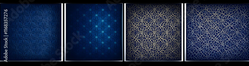 Set of dark blue gradient background with Arabian patterns. Arabic Mosaic Ornament Background. Muslim Decoration. Ramadan Kareem, Berat Kandil Islamic background